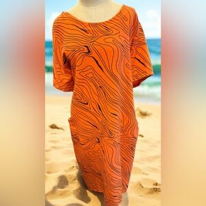 NWT Italian Linen Orange Abstract Shift Dress Short Sleeve -One Size